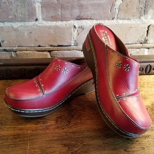 Hand painted, red-leather clogs